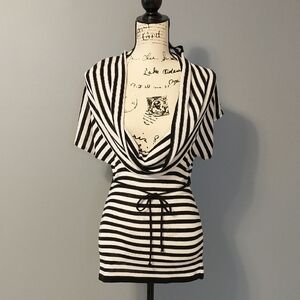 Mingle Black & White Striped Cowl Neck Tie-Waist Top